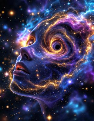 The primary subject of the image is a woman's face, which is the main focus of the image. The setting is a space background, with a purple and blue color scheme. The visual style is a digital art or illustration, creating a surreal and dreamy atmosphere. The colors and mood of the image are predominantly purple and blue, with a sense of wonder and otherworldliness.